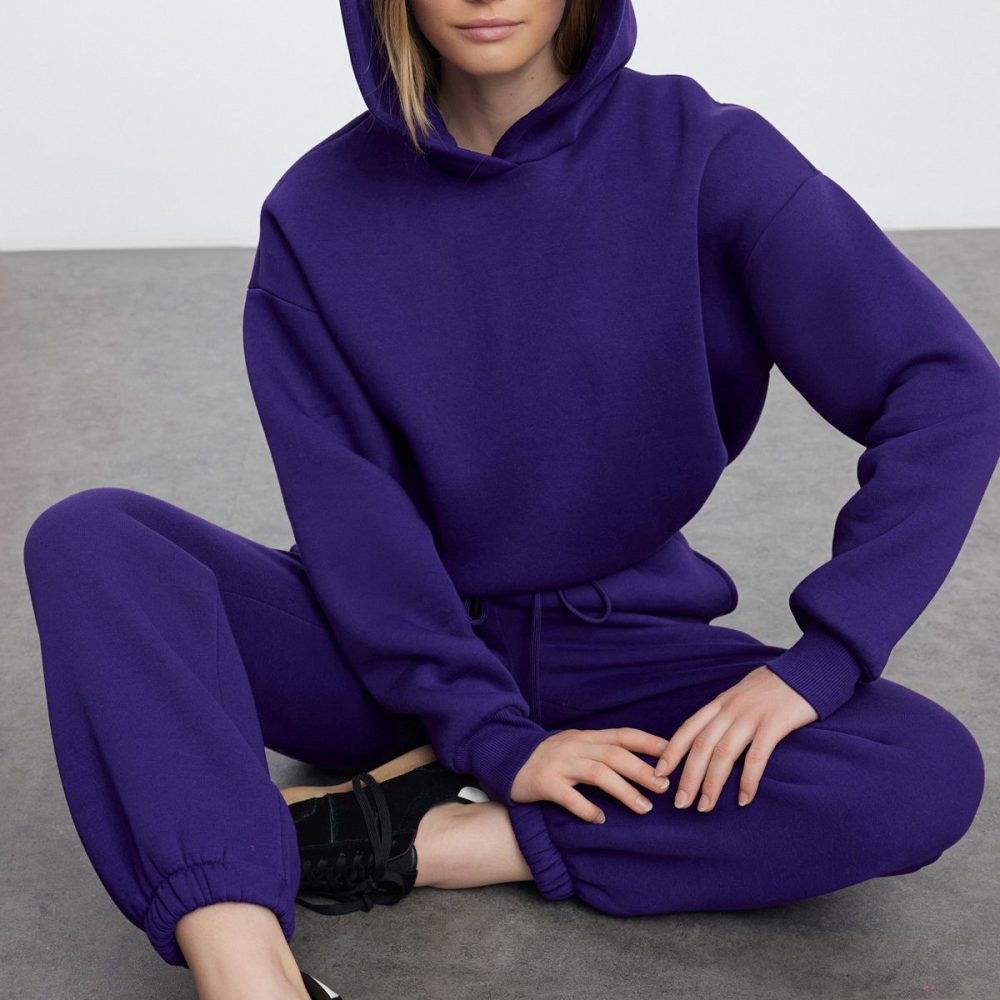 Purple Thick Fleece Hooded Oversize Tracksuit Set