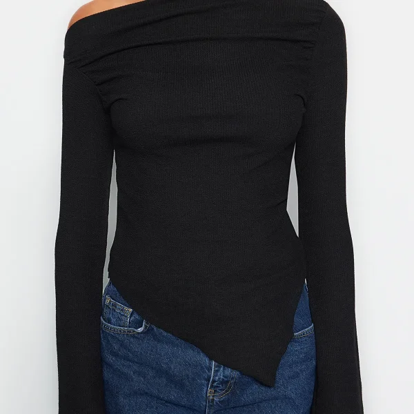 Draped Boat Neck Asymmetric Blouse