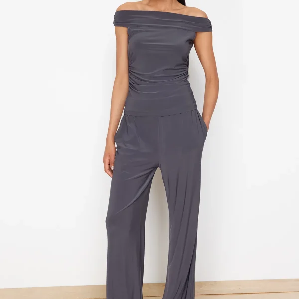 Anthracite Flexible Knitted Blouse/Pants Top-Bottom Set