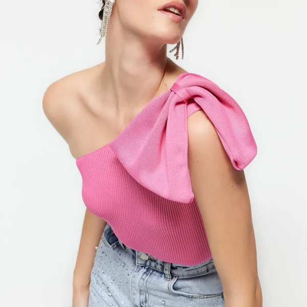 Pink Single Sleeve Bow Detailed Knitwear Blouse