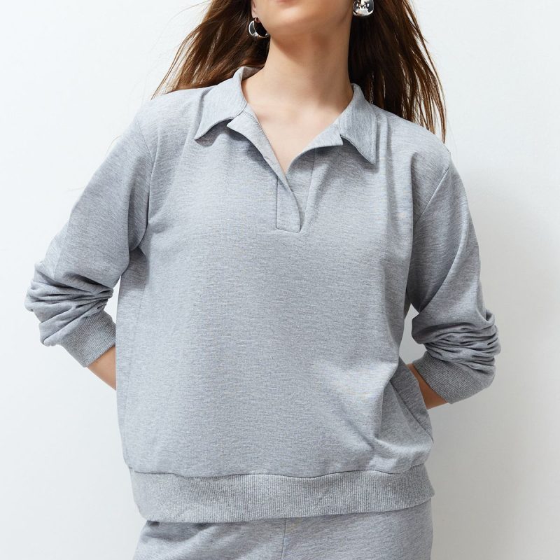 Gri Regular/Normal Kalıp Polo Yaka İnce Örme Eşofman Takımı TWOAW23EM00032