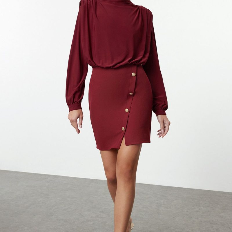 Bordo Düz Vatkalı Mini Dokuma Elbise TWOAW24EL00483