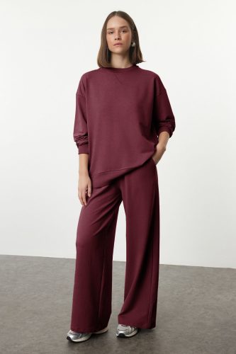Bordo Relaxed/Rahat Kalıp Wide Leg/Geniş Paça Örme Sweatshirt/Alt Eşofman Takımı TWOAW25EM00004