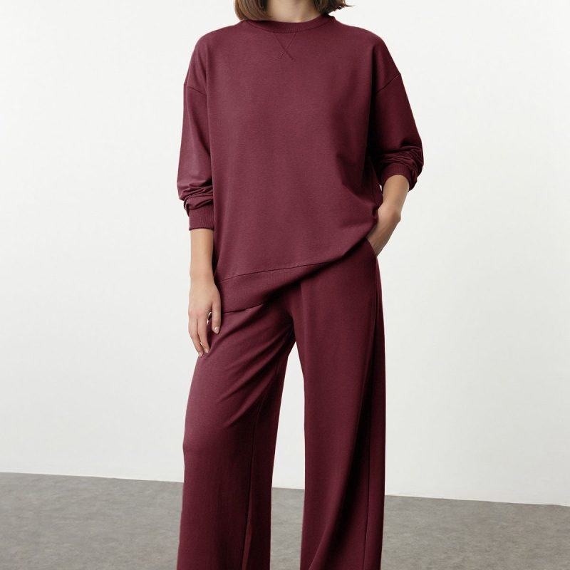 Bordo Relaxed/Rahat Kalıp Wide Leg/Geniş Paça Örme Sweatshirt/Alt Eşofman Takımı TWOAW25EM00004