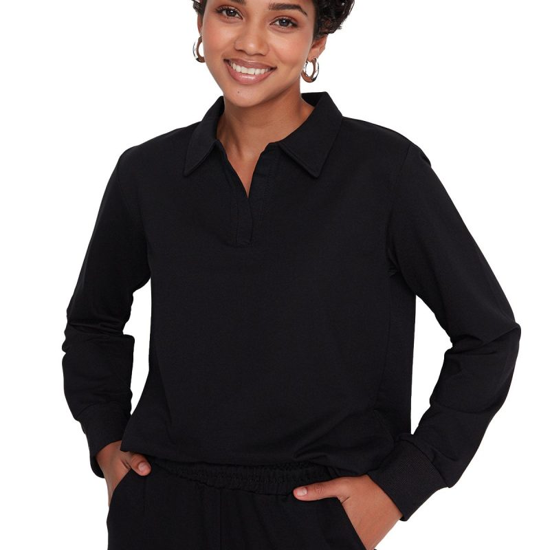 TRENDYOLMİLLA Siyah Regular/Normal Kalıp Polo Yaka İnce Örme Eşofman Takımı TWOAW23EM00032